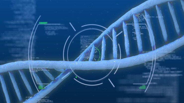Animation of dna helix and digital scanning over computer language
