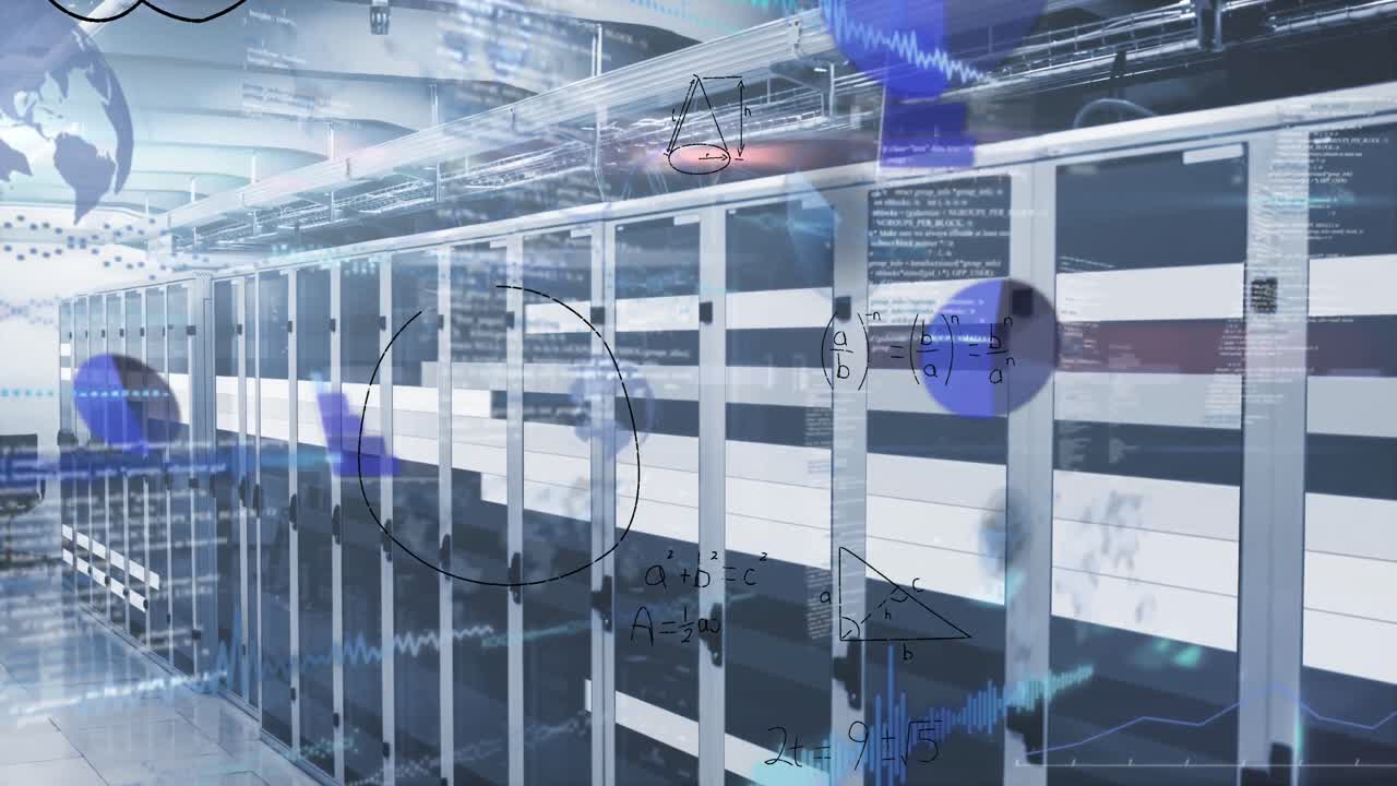 Animation of mathematical equations and data processing against light trail over server room