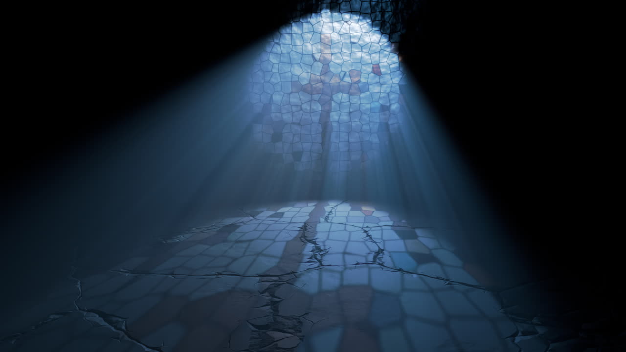 Beam of sacred spiritual light passing through a rose window of a night church