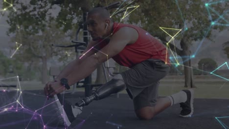 Animation-of-glowing-communication-network-over-male-athlete-with-prosthetic-leg-exercising-outdoors