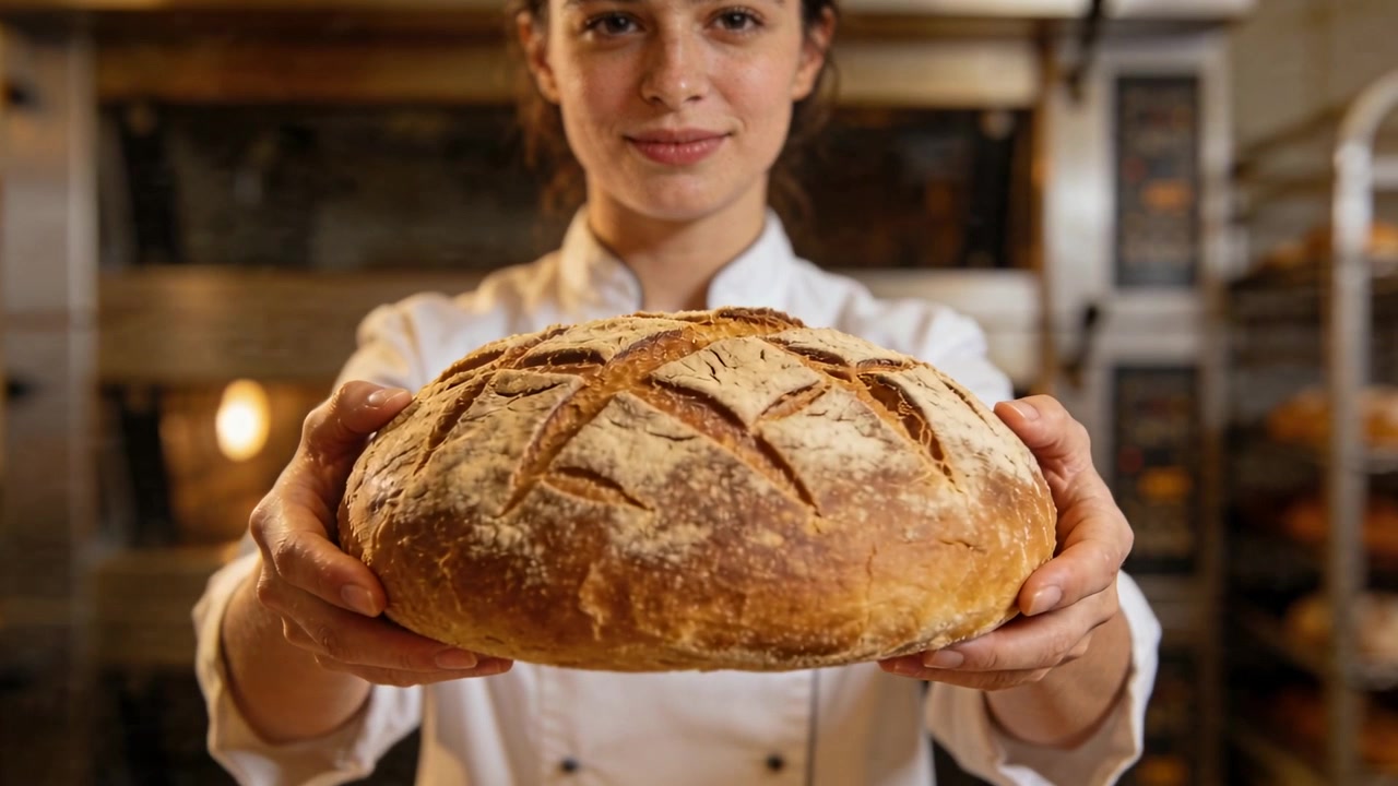 Presenting chef in white coat holding artisan loaf after bake at bakery, showing crust, ovens rack
