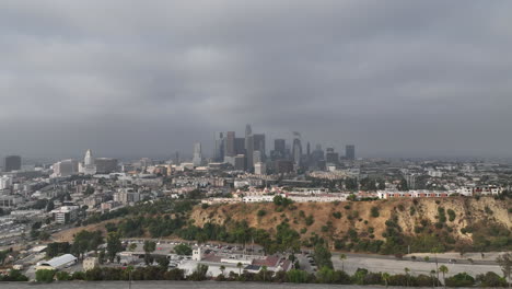 downtown los angeles skyline, via drone flight