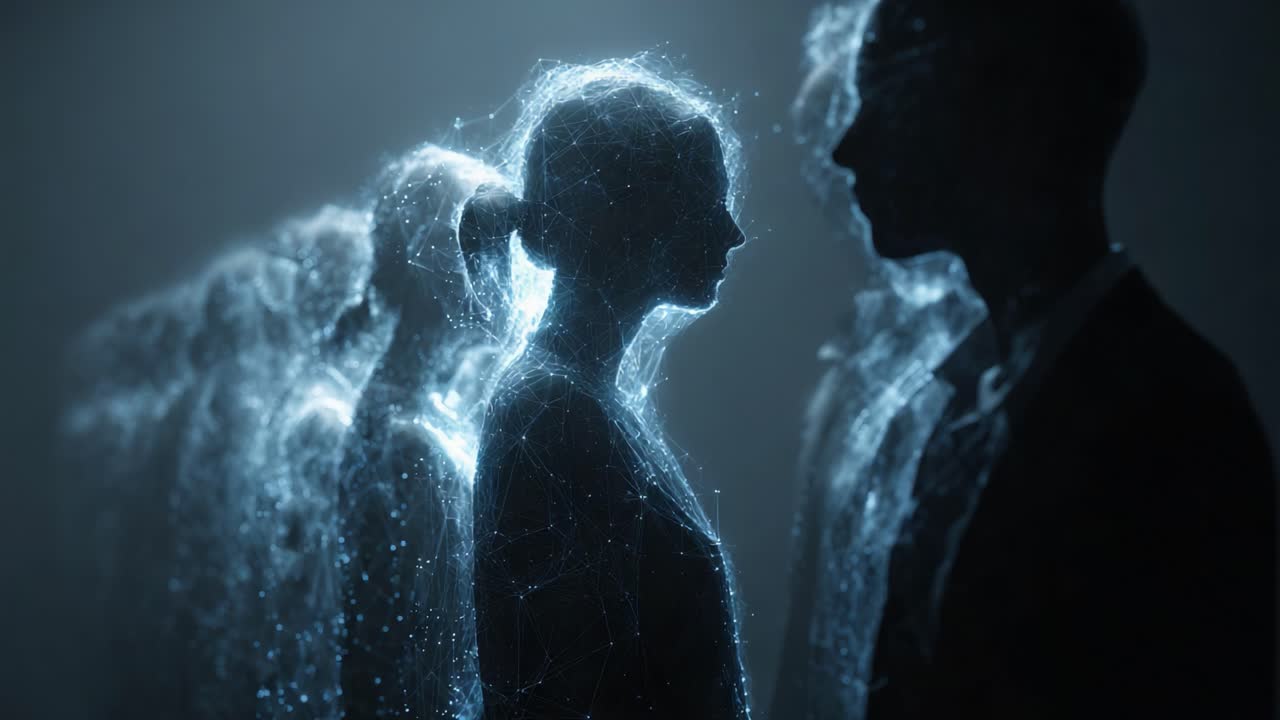 Uno sguardo nell'etereo: Esplorazione di figure illusorie e connessioni digitali in una scena visivamente suggestiva di interazione tra luce e ombra