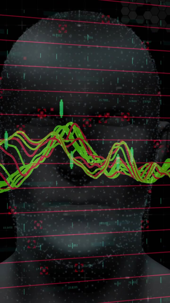 Vertical video: Left waves entering, moving across head, mapping AI data, aligning teal marks