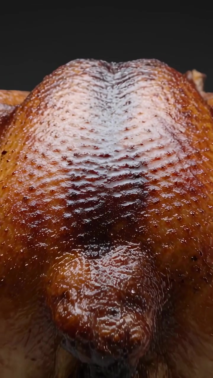 Vertical video: Pulling back camera revealing glossy roasted bird on metal rack in studio display