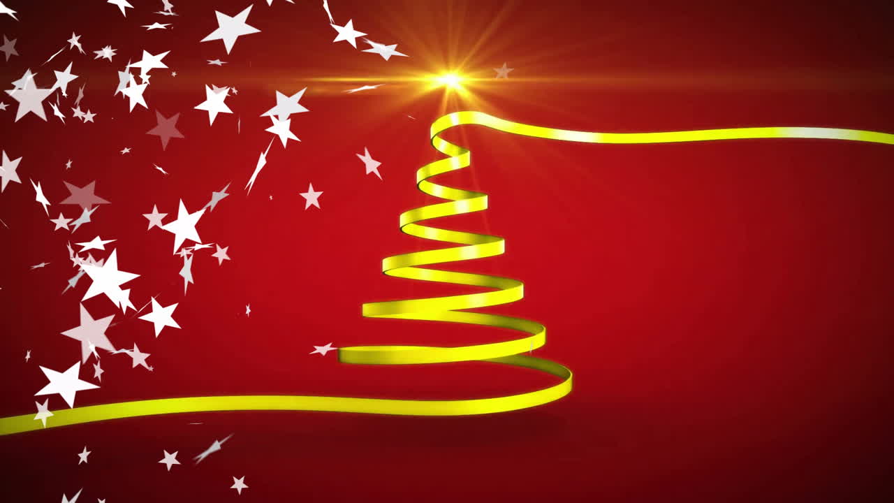 Animation of white stars over yellow ribbon forming christmas tree on red background
