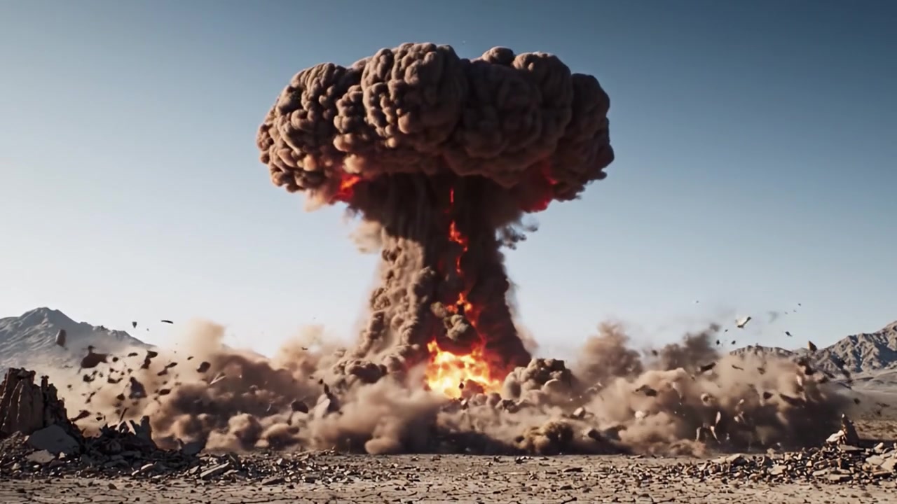 Eine mächtige Explosion entfesselt eine massive Schockwelle in einer trostlosen Landschaft, verändert das Gelände und erzeugt eine turbulente Pilzwolke