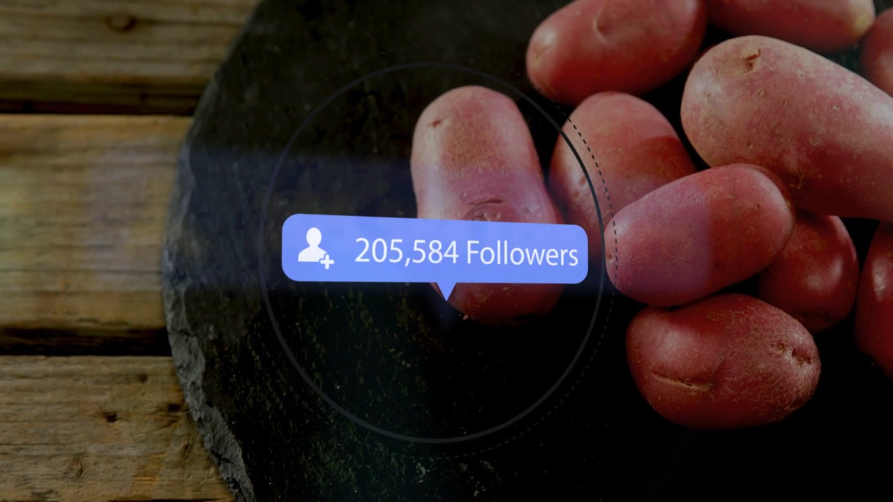 Progress bar becoming follower bubble HUD circling slate plate hand nudging potatoes showing growth