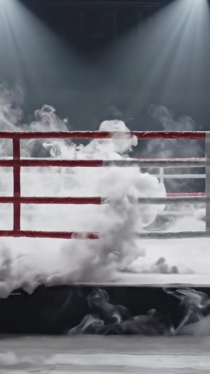 Una scena intrigante di un ring da boxe vuoto circondato da nebbia e illuminazione soffusa, ideale per uno scontro drammatico in un evento sul ring