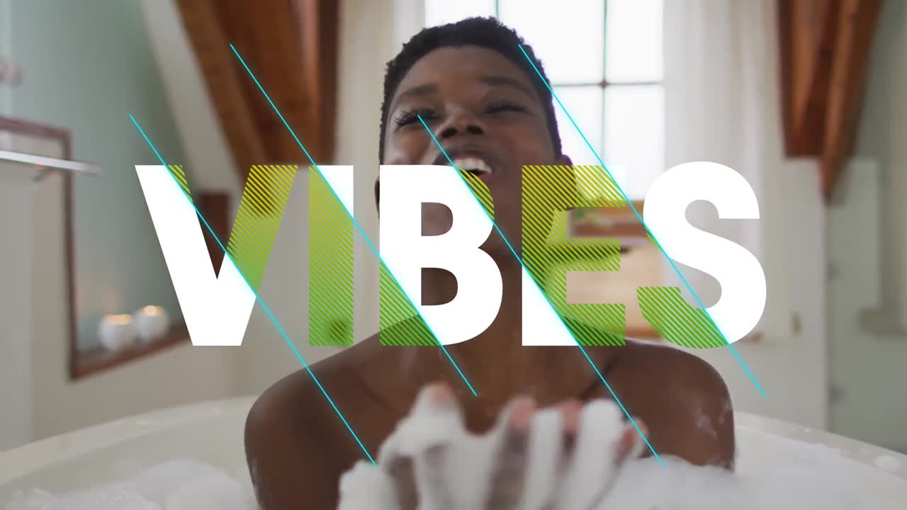 Animation of vibes text over african american woman taking bath