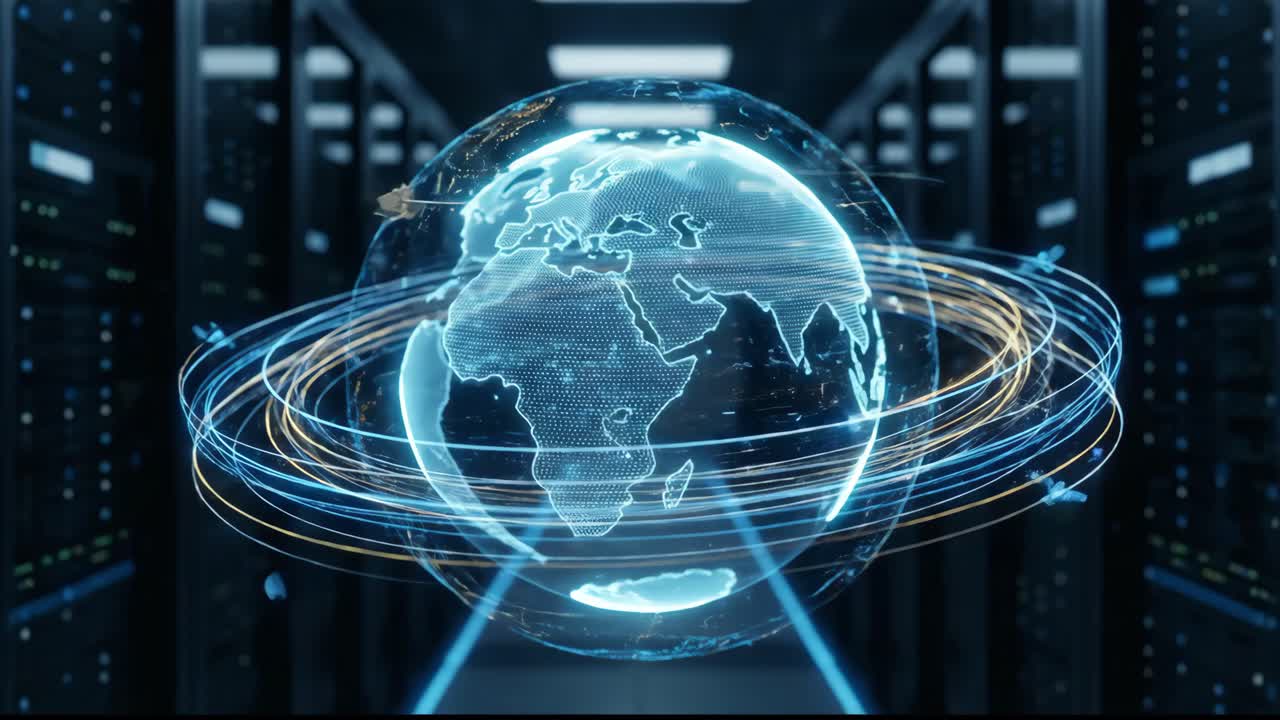 Holographic Earth Globe with Data Network in Server Room