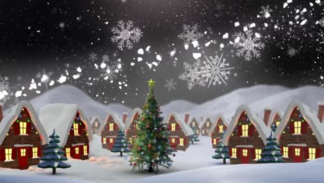 Animation-of-winter-scenery-with-decorated-houses-and-christmas-tree-on-black-background