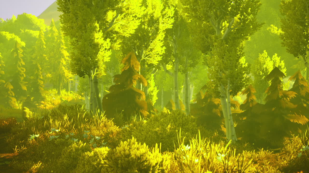 Lush green forest sunlight illuminates a tranquil landscape in springtime