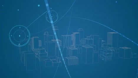 Animation-of-3d-city-drawing-spinning-with-network-of-connections
