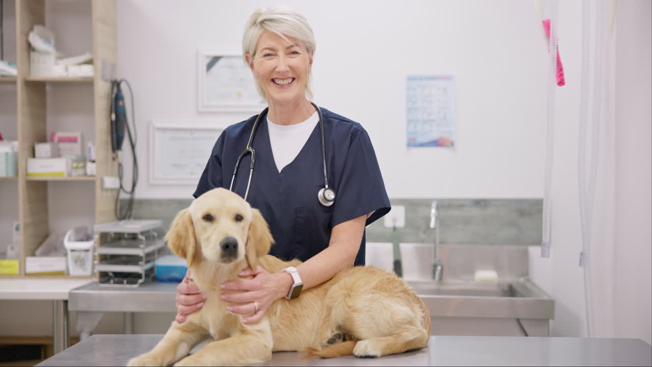 Smile, dog and veterinarian with stethoscope