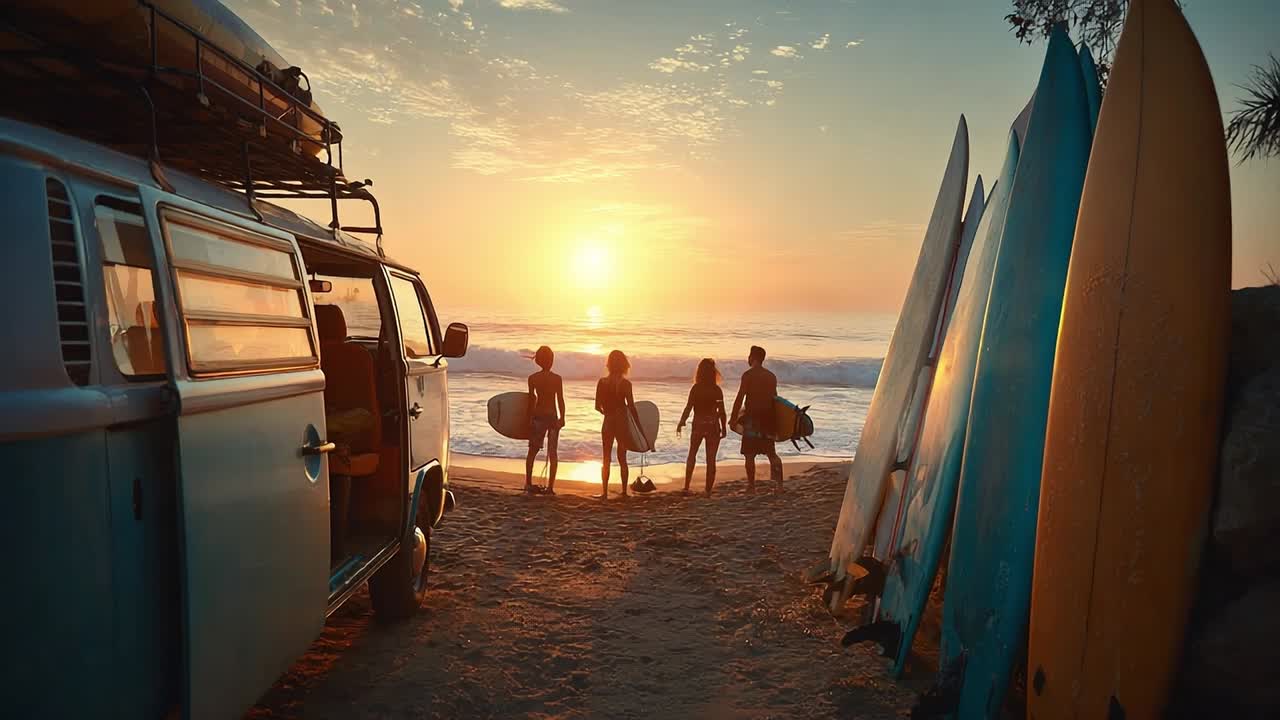Amici si preparano a fare surf mentre il sole tramonta sulla spiaggia.
