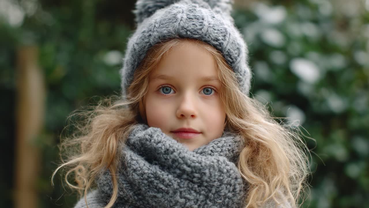 A Young Girl in a Cozy Grey Sweater with a Matching Hat, Captured in Nature's Embrace, Exuding Innocence and Wonder Amidst Greenery
