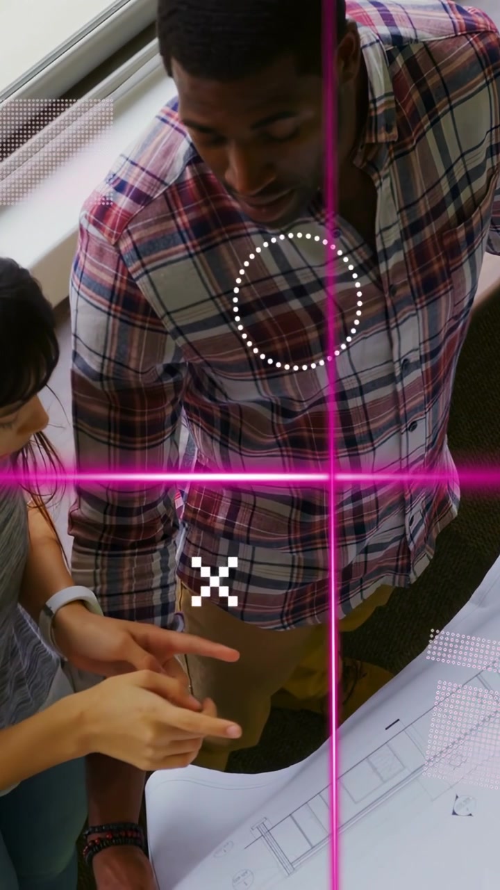Vertical video: Woman pointing, starting design, he leaning holding plan as pink UI sweeping over