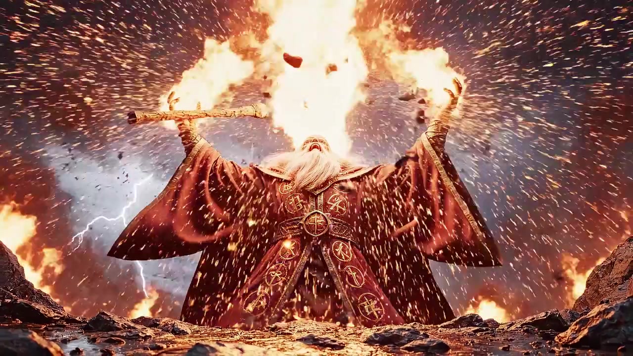 Mocný čaroděj sesílající ohnivou magii s blesky a jiskrami