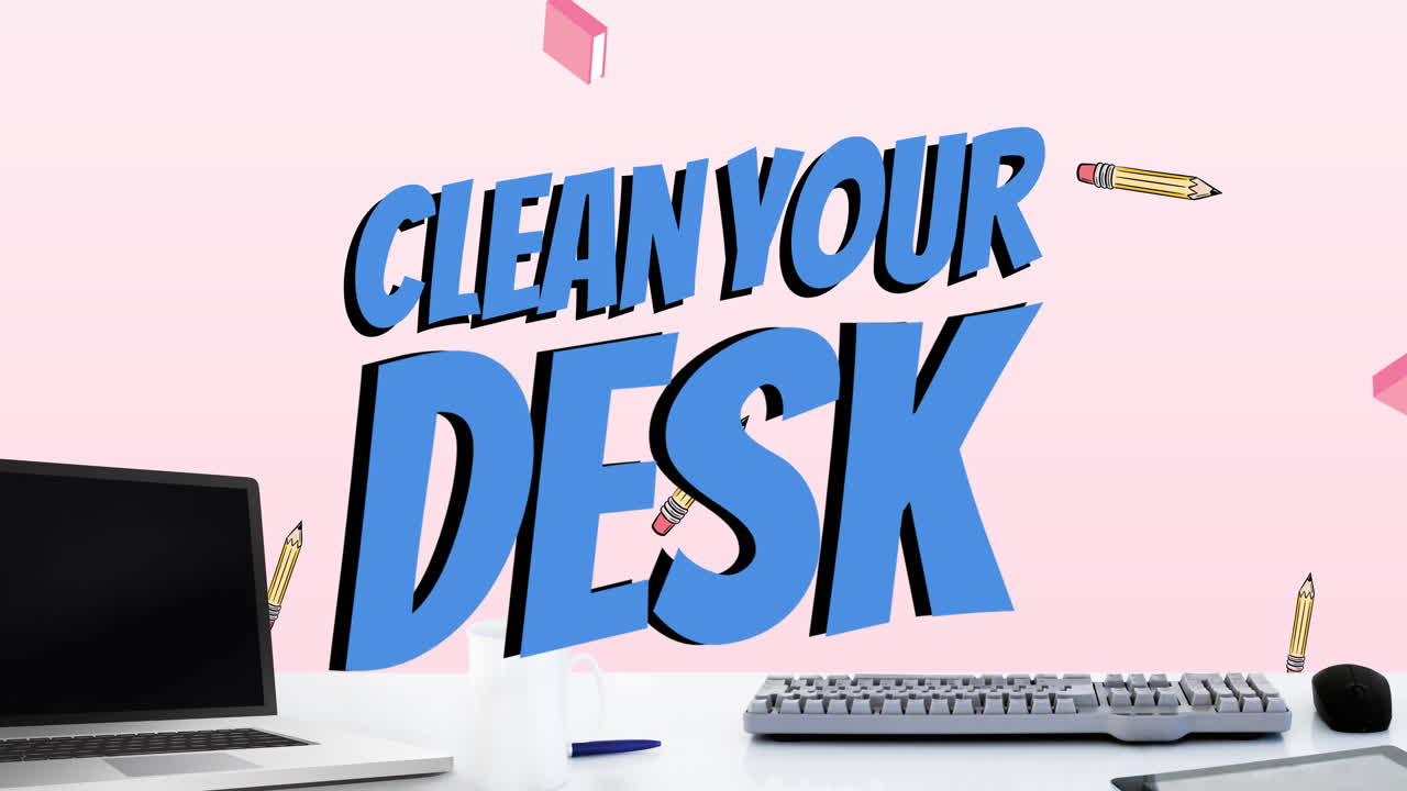 Animasjon av tekst «Rydd pulten din» over laptop og skrivesaker over rosa bakgrunn