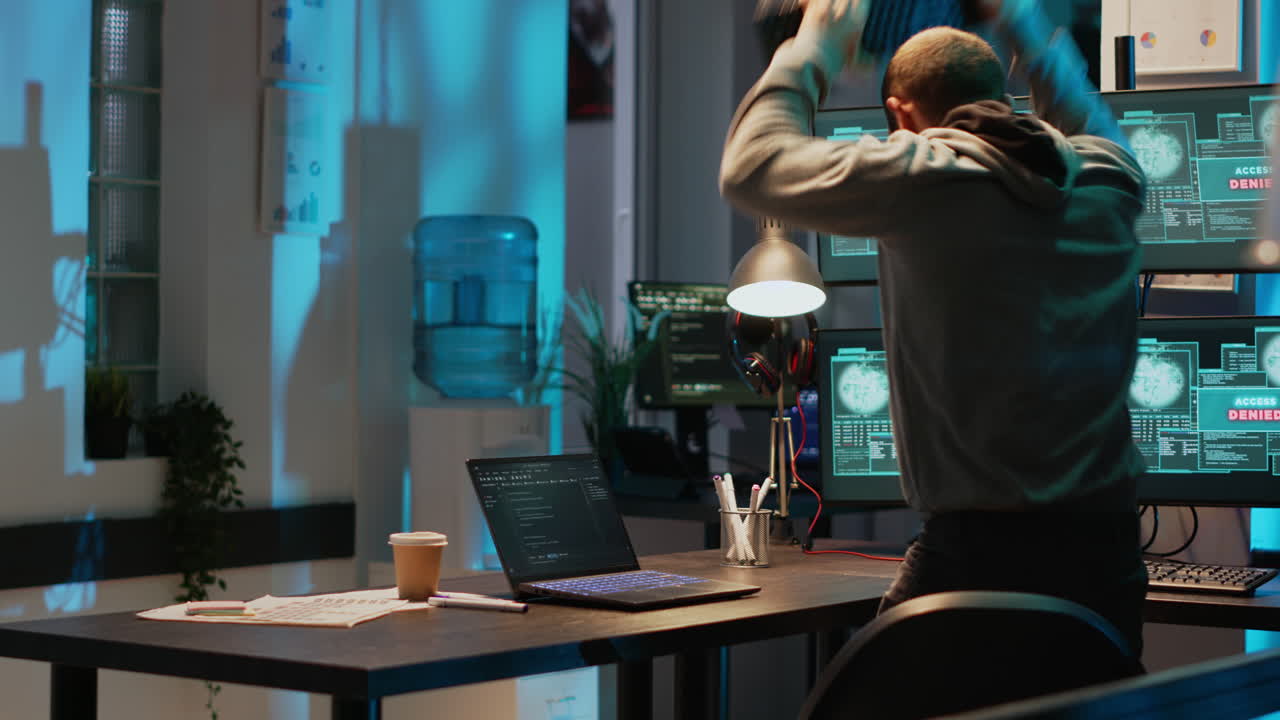 Hacker working on cybersecurity with access denied messages