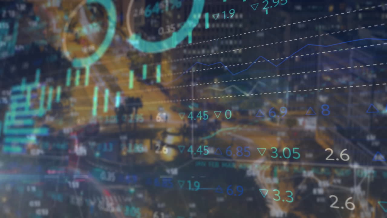 Animation of stock market and data processing over cityscape