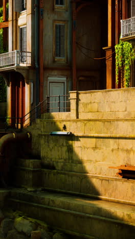 a rustic building with a stone wall and rusty pipes in the foreground