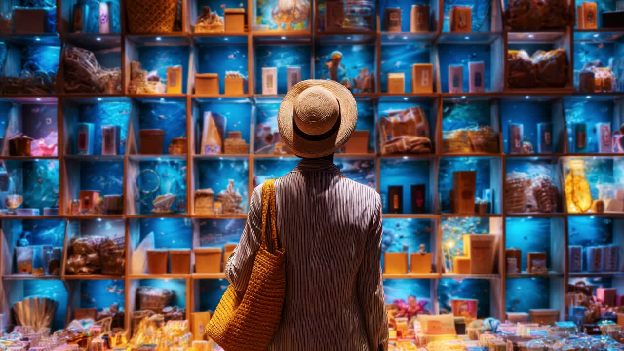 A Captivating Display of Colorful Products: An Individual Gazes in Awe at a Vividly Lit Showcase Filled with Artful Items and Aquatic Decorations