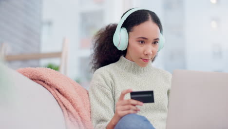 credit card, payment and woman on laptop in home
