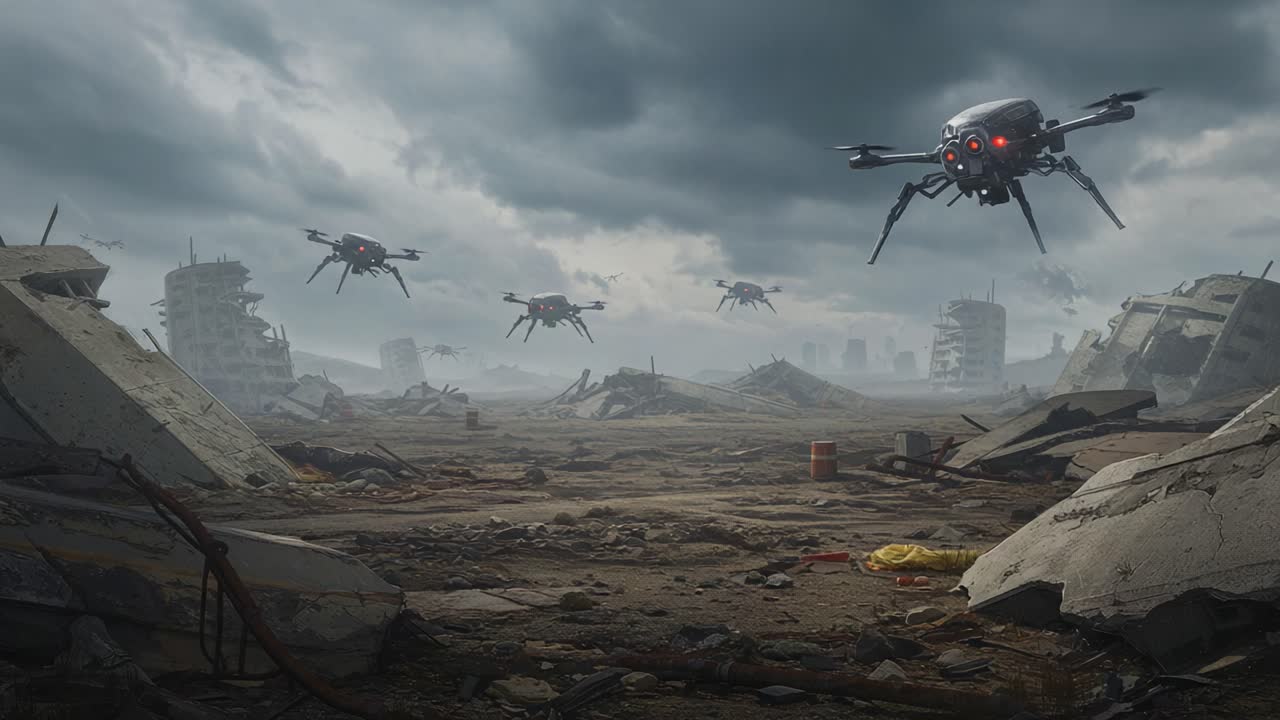 Drones Surveying an Apocalyptic Landscape: A Glimpse into a Desolate Future Filled with Ruined Structures and Overcast Skies