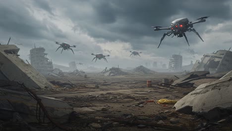 drones surveying an apocalyptic landscape: a glimpse into a desolate future filled with ruined structures and overcast skies
