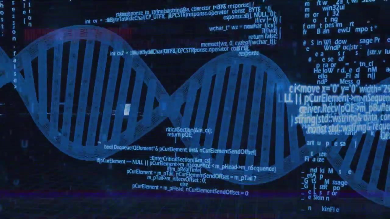 After code backdrop emerging, blue double-helix rotating drifting and undulating showing data flow