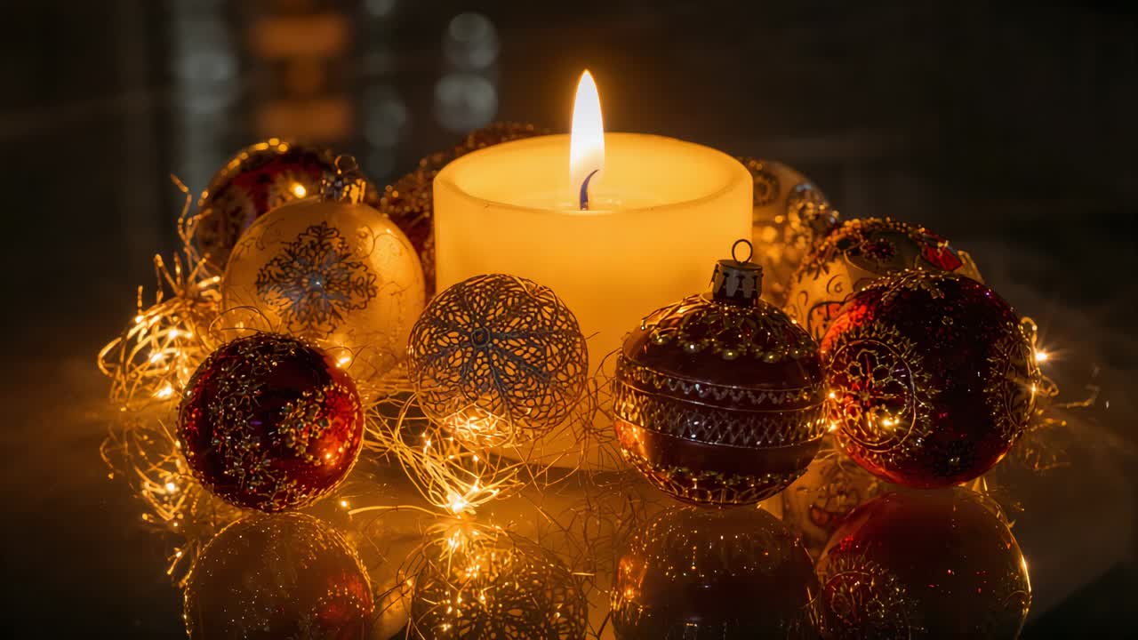 Flickering pillar candle from exposure shift on glossy table lighting red baubles and string lights