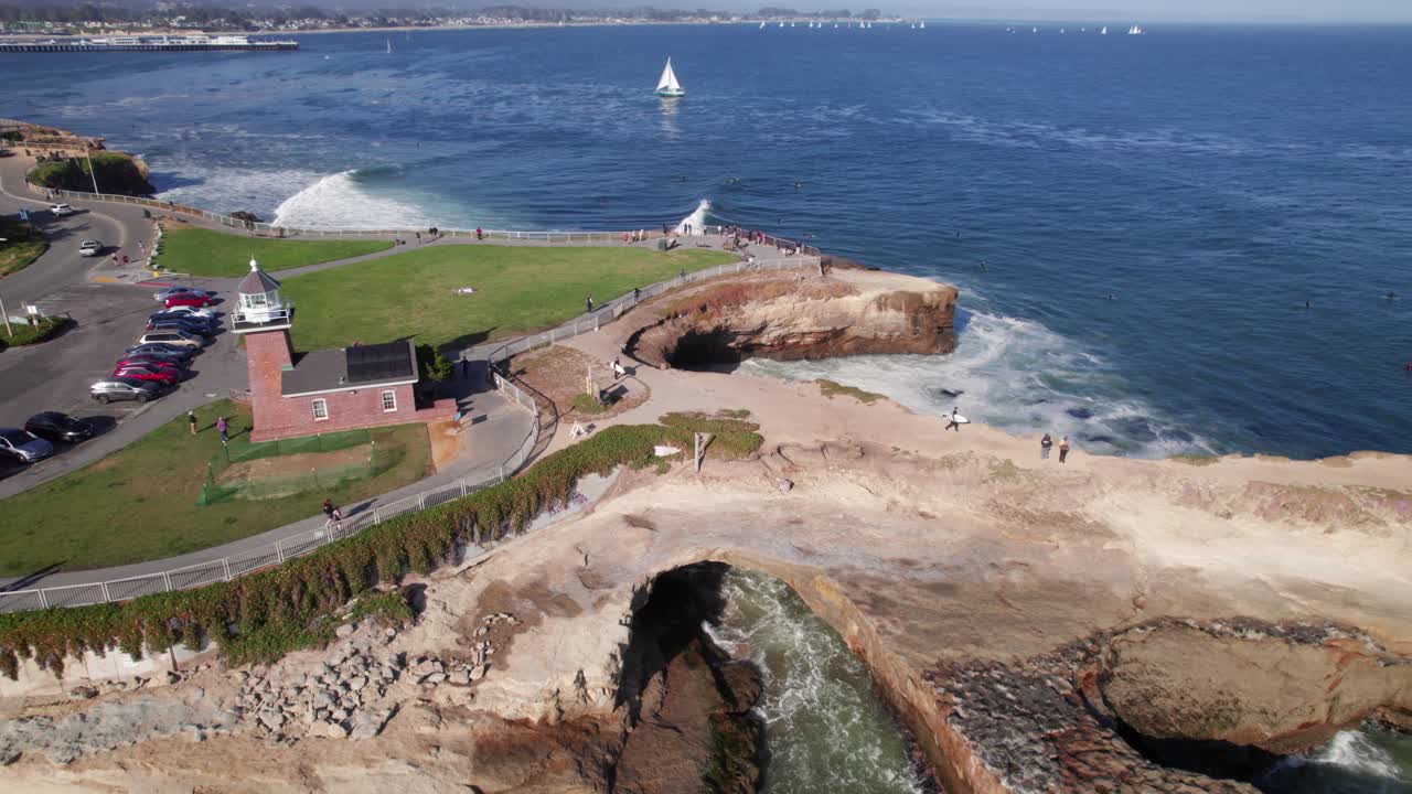 Rock Bridge at Surfing Museum, Santa Cruz, California 4K aerial
