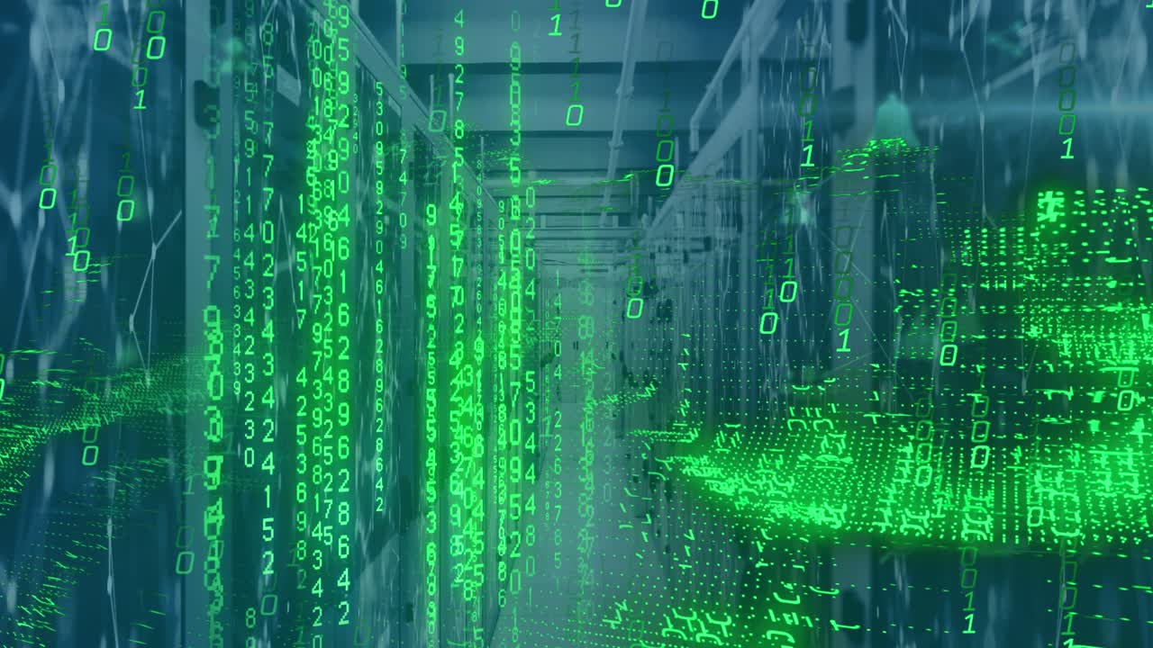 Animation of binary codes, number and dynamic waves with connected dots on server room