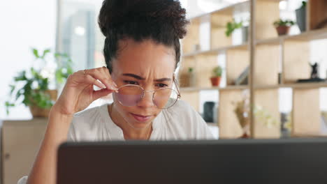 Glitch,-laptop-and-black-woman-with-doubt