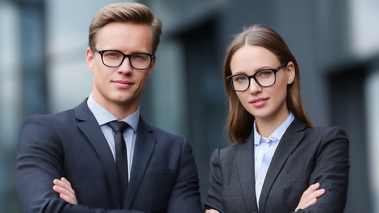 A Dynamic Business Partnership: Confident Professionals Dressed in Suits with Glasses, Posing Together in a Modern Urban Environment