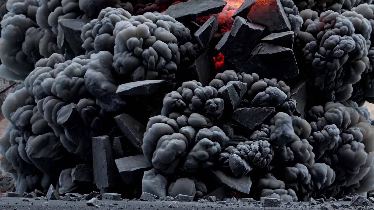 Dynamisk stillbillede fra video af en eksplosion med murbrokker og røg, fanget fra en lav vinkel.