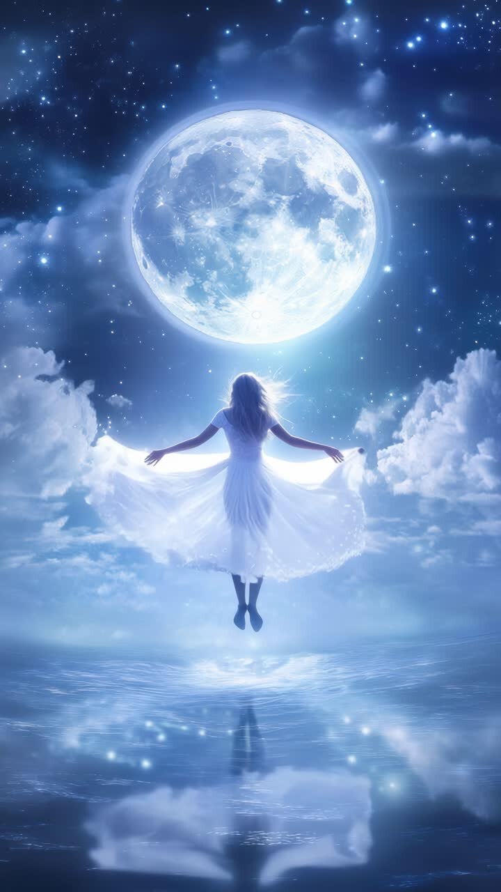 A mystical scene of a woman in a flowing dress reaching towards a glowing moon