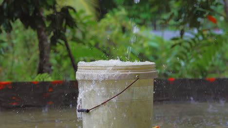 stream splashing into bucket in a rural garden