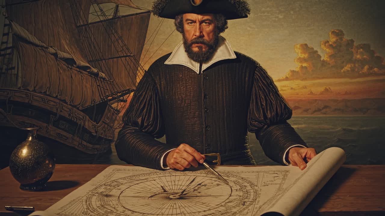 Fotograma de vídeo dramático en ángulo bajo de un navegante histórico estudiando un mapa, con un barco