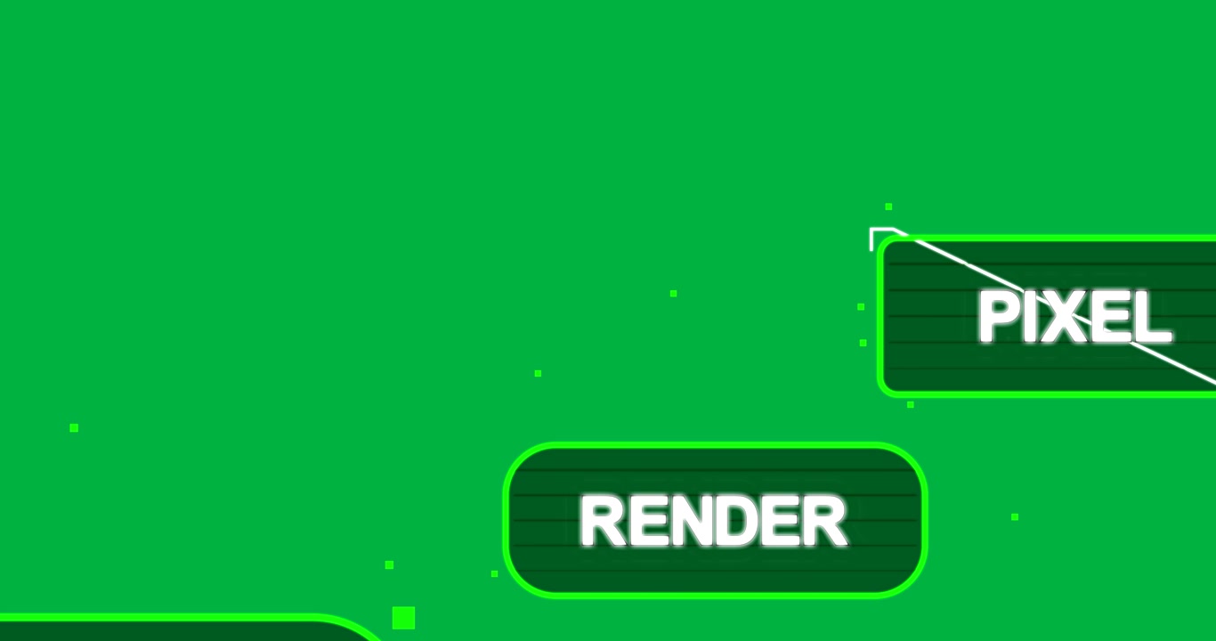 Punti verdi che emergono in basso a sinistra, interfaccia utente al neon che forma RENDER PIXEL, rivelando un pannello su tela trasparente.