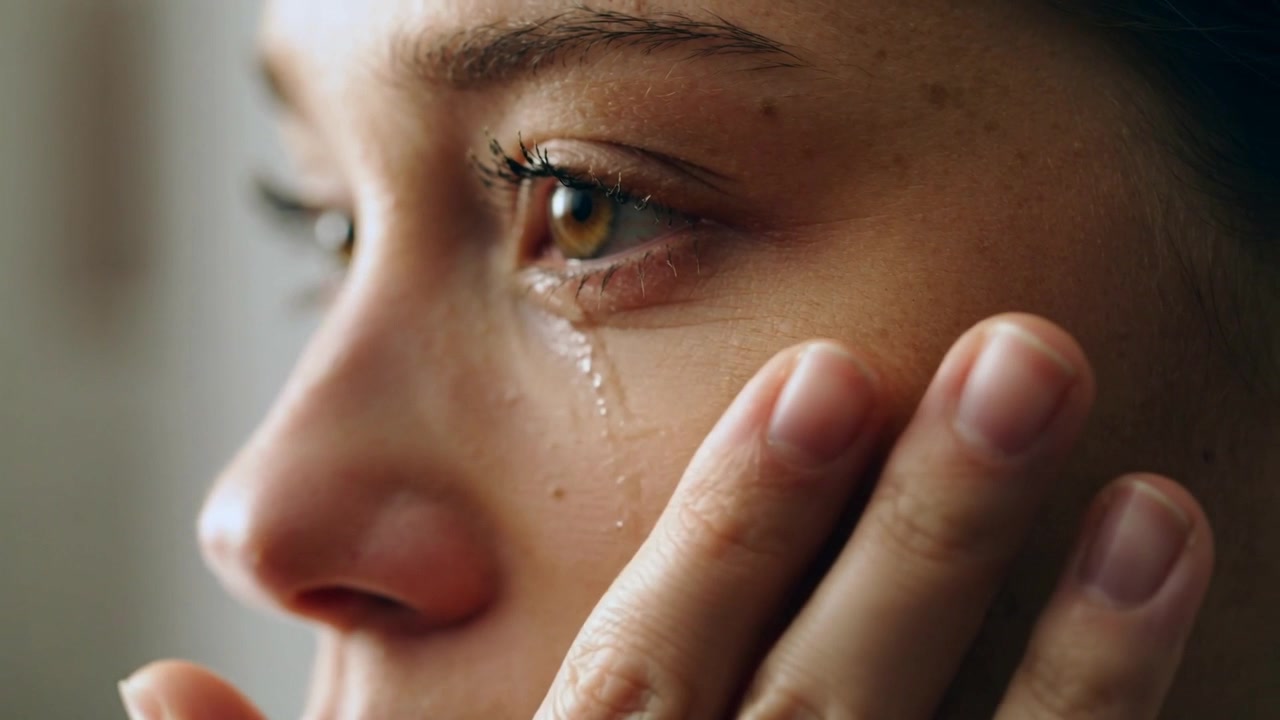 Crying woman reacting to tear forming, raising fingers to cheek by window, touching tear down cheek