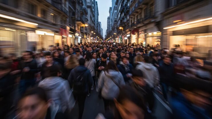A Lively Urban Scene Captured in Motion: Crowds of People Filling a Bustling Street at Dusk, Surrounded by City Lights and Vibrant Architecture