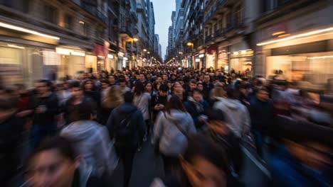 a lively urban scene captured in motion: crowds of people filling a bustling street at dusk, surrounded by city lights and vibrant architecture