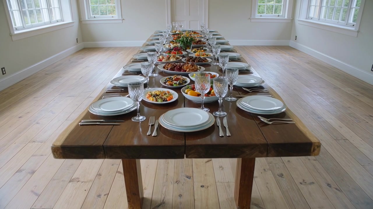 Zooming camera moving in toward long wooden dining table in bright room, revealing place settings