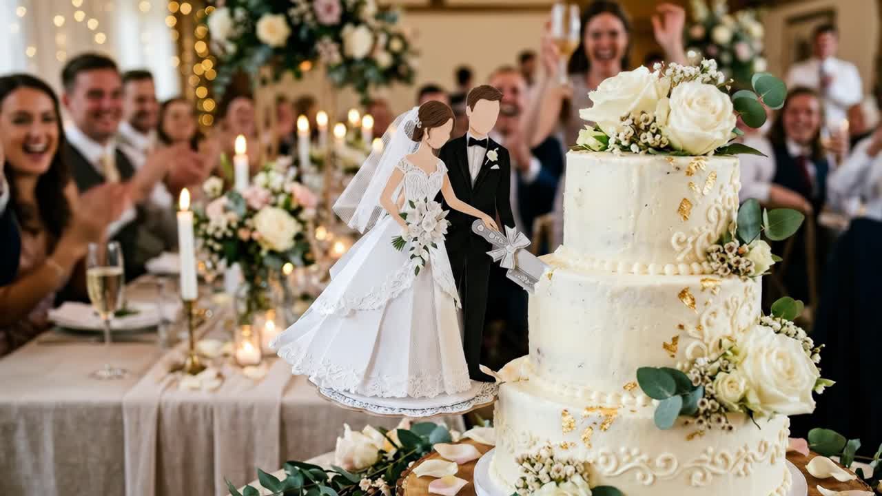 新郎新婦がケーキカットする様子を祝う結婚式のゲスト
