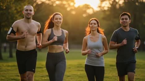 group of friends running in a park at sunset