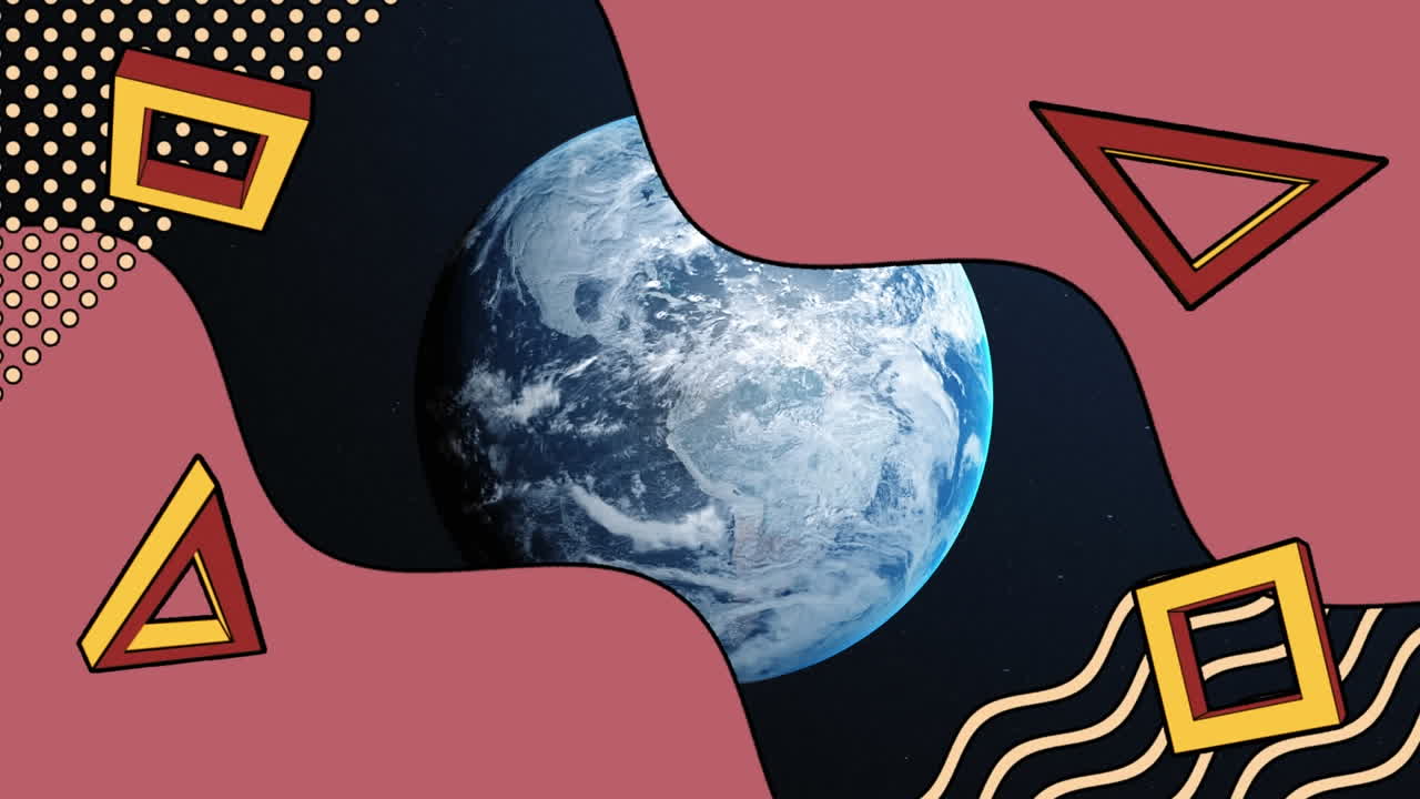 Animation of retro abstract shapes over planet earth