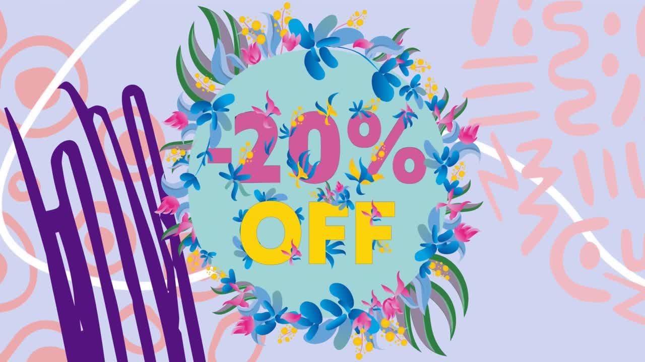 animación de 20 por ciento de descuento sobre flores y formas abstractas en fondo púrpura claro